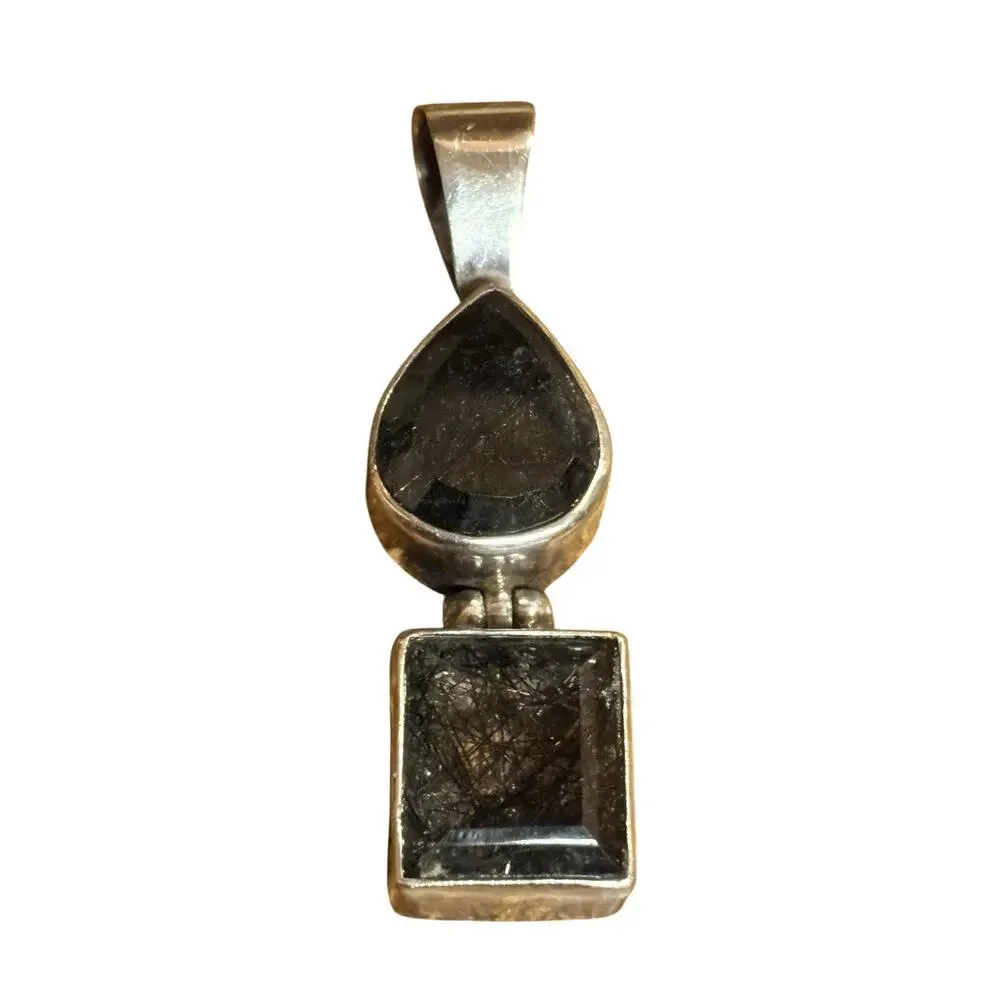 Sterling Silver & Tourmalinated Quartz Pendant Vintage 2.10 Inches Long